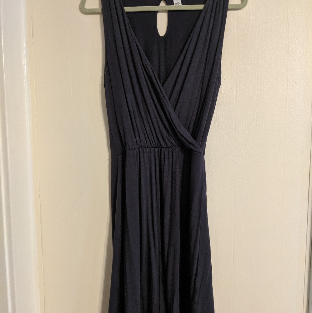 Dark gray dress, wrap front